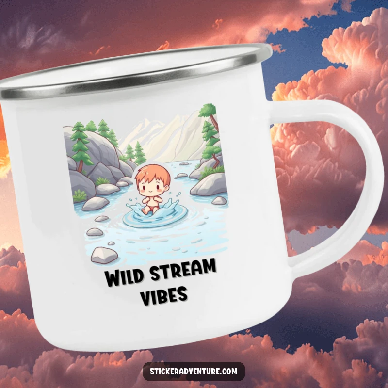 Funny camping mug with a charming figure playfully splashing in a clear mountain stream, designed for outdoor enjoyment.