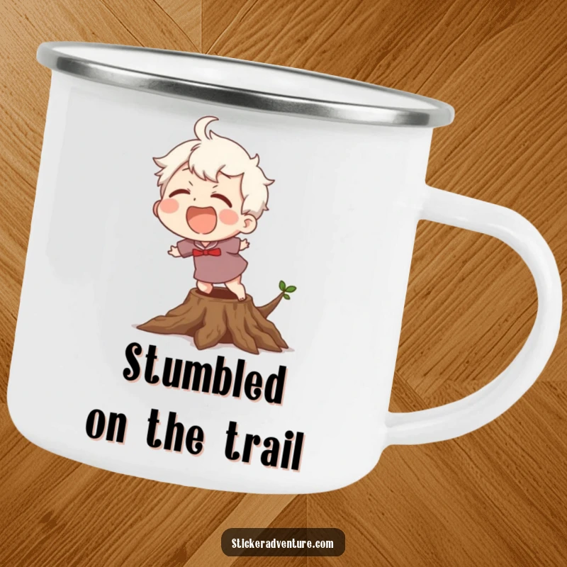 Funny Camping Mug: A character laughing uncontrollably while stumbling over a tree root, perfect for outdoor fun.