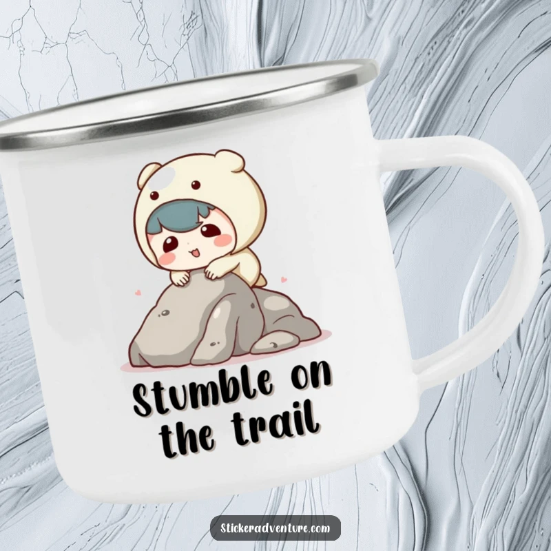 Funny kawaii character camping mug showing a character tripping, durable and perfect for outdoor fun with a humorous twist.