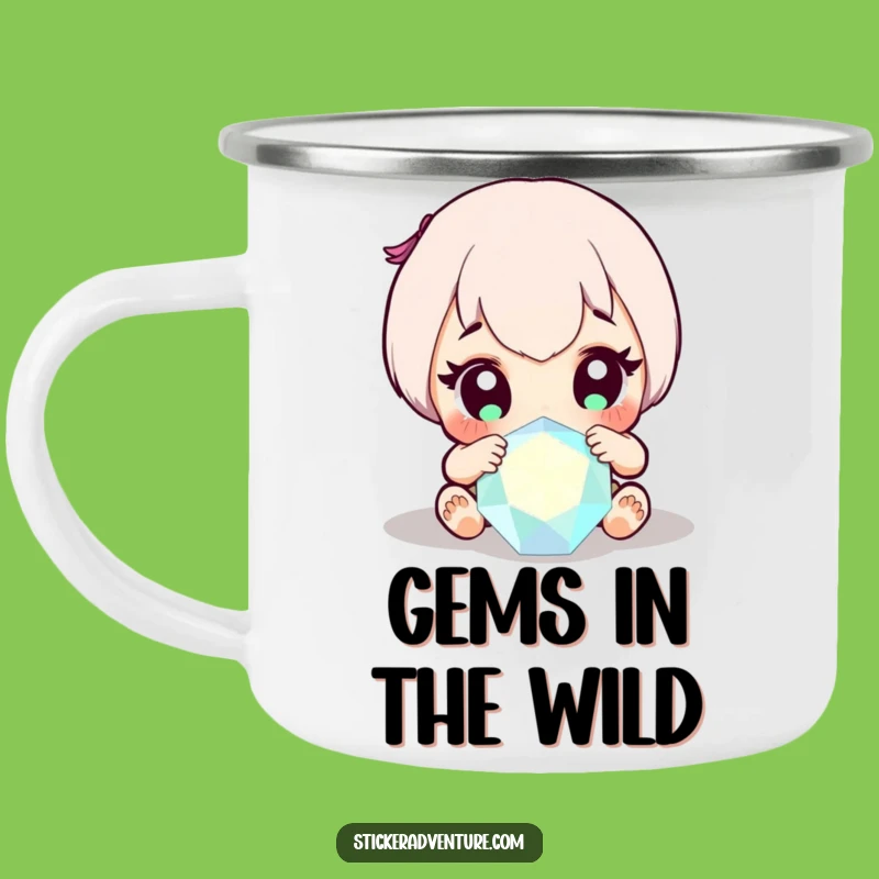 Funny Gem Discovery Camping Mug: Wide-Eyed Character Sparkle, Outdoor Funny Gift