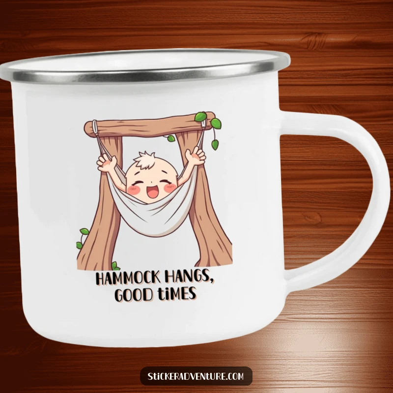 Funny Hammock Camping Mug for outdoor relaxation, featuring a happily tangled character and embracing carefree vibes.
