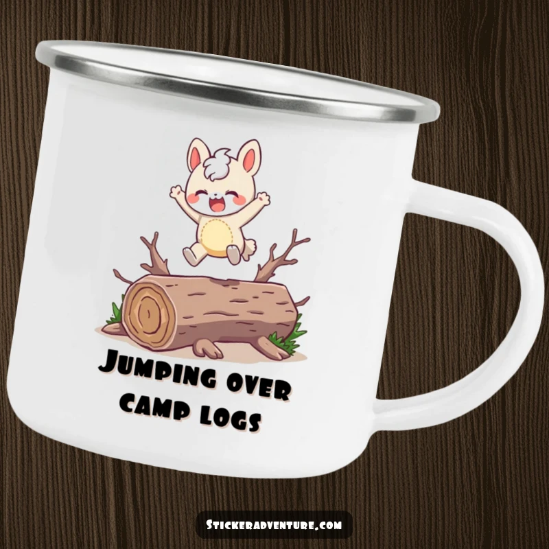 Funny Camping Mug: A character playfully leaps over a fallen log with a joyful expression, ready for adventure.