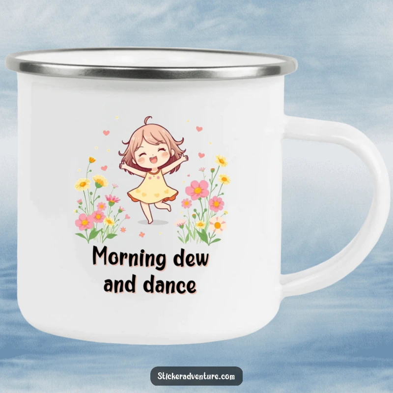 Funny Camping Mug featuring a cheerful character dancing joyfully amid blooming wildflowers, designed for outdoor enthusiasts.