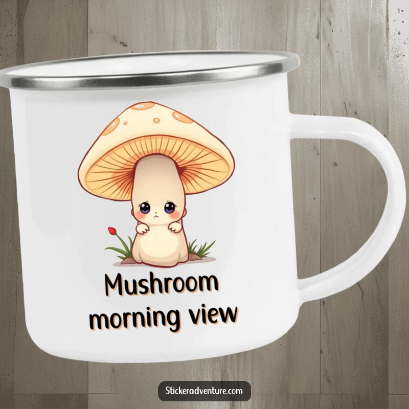 Funny camping mug featuring a tiny character peeking curiously from behind a large mushroom, adding whimsical charm to outdoor brews.