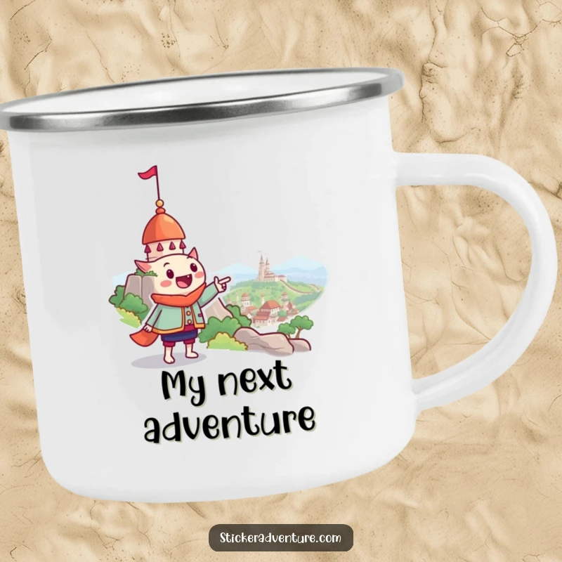 Funny camping mug with a grinning explorer pointing towards a whimsical, distant landmark, perfect for outdoor adventures and humor.