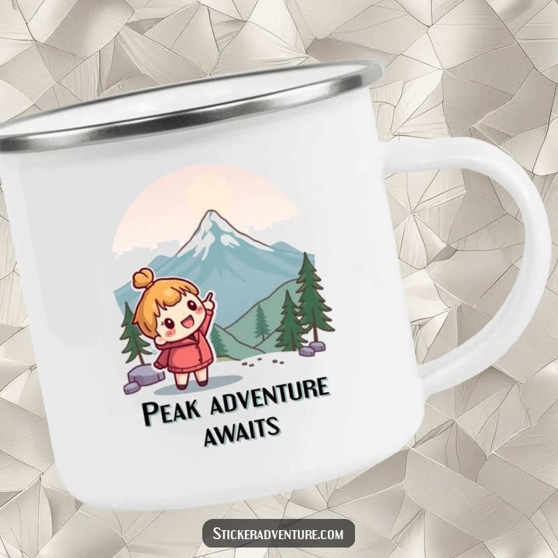 Funny explorer camping mug featuring a cute character enthusiastically pointing towards a mountain peak; durable and humorous.