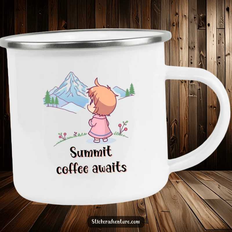 Funny camping mug with a character looking at a mountain peak with humorous wonder, perfect for enjoying drinks outdoors.