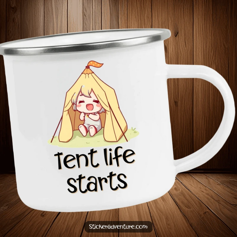 Funny Happy Camper Camping Mug: A durable mug featuring a character happily setting up a tiny tent.