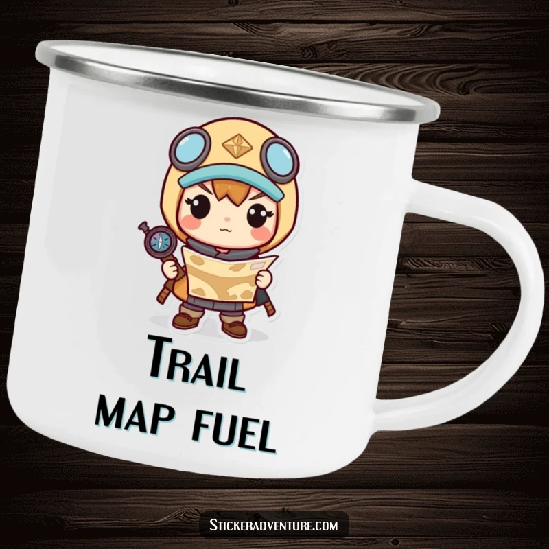 Funny enamel camping mug featuring a determined Kawaii character holding a map and compass, ready for any adventure.