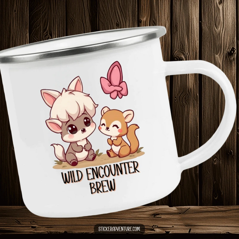 Funny camping mug showing a playful character looking surprised by a shy woodland creature, perfect for nature trips.