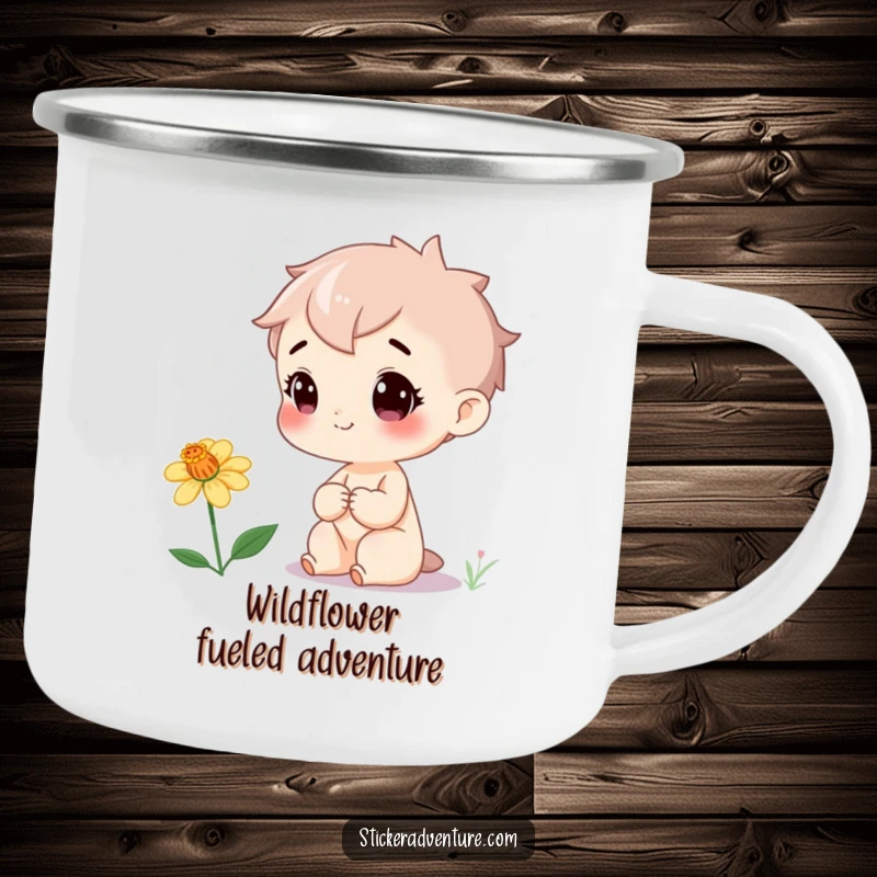 Funny Camping Mug: A cheerful character happily discovers a rare wildflower during an outdoor adventure, ideal for rustic charm.