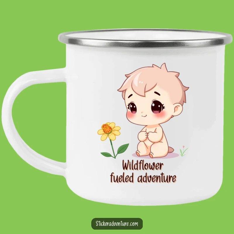 Funny Wildflower Camp Mug: Cheerful Character's Outdoor Discovery - Rustic Humorous Gift