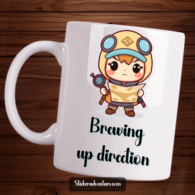 Funny ceramic mug with a determined Kawaii character holding a map and compass, ready for adventure.