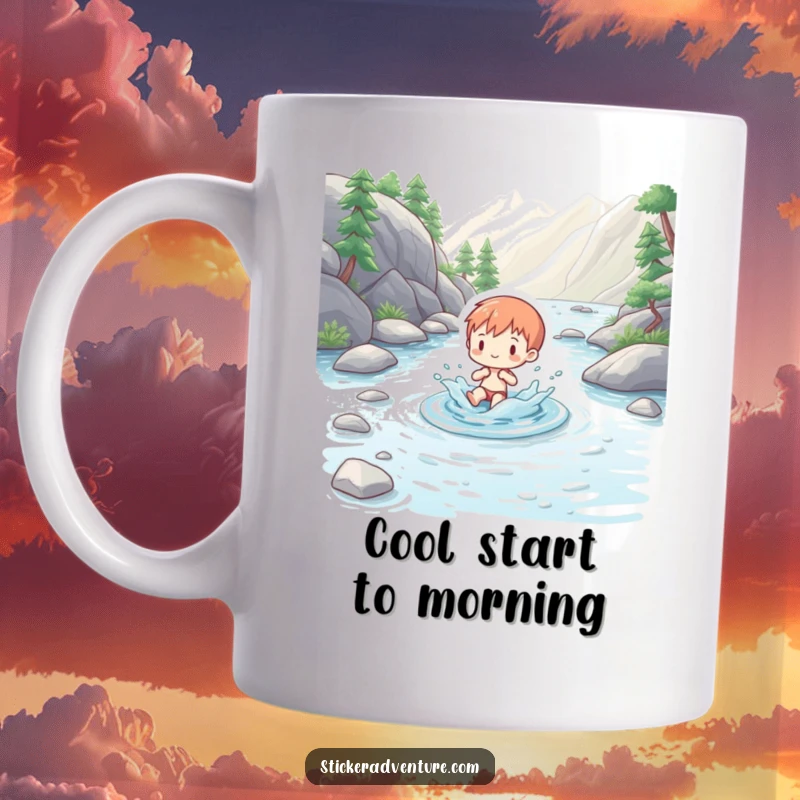 Funny mug depicting a charming figure playfully splashing in a clear mountain stream, capturing a serene and joyful moment.