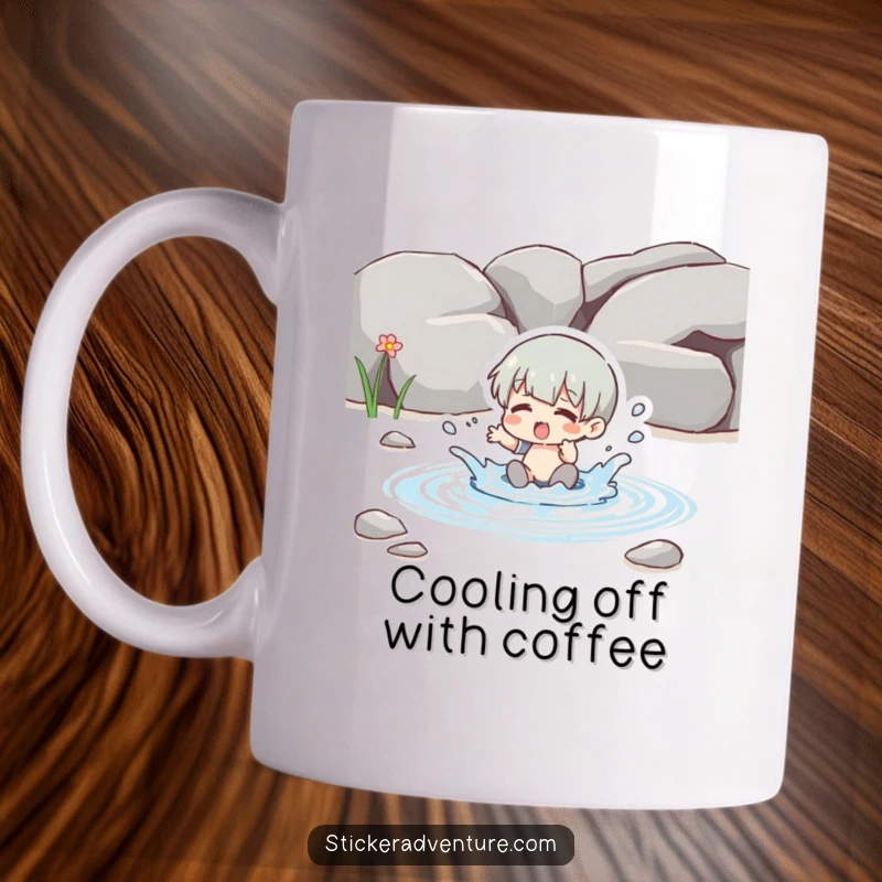 Funny splashing stream mug, a joyful character playfully kicking water in a shallow, clear brook.