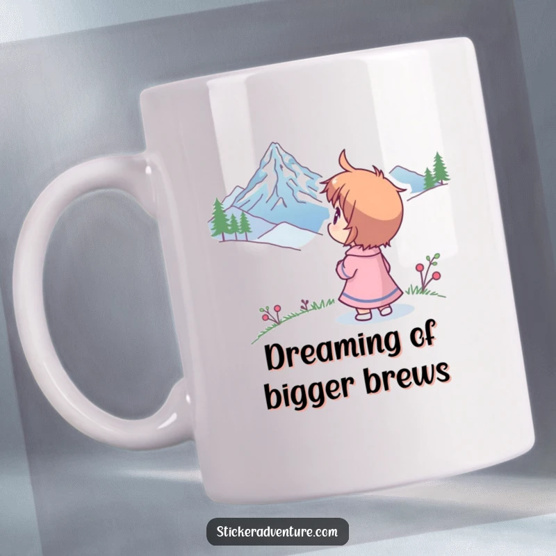 Funny mug with a character looking at a distant mountain peak with wide eyes, full of wonder and humorous curiosity.