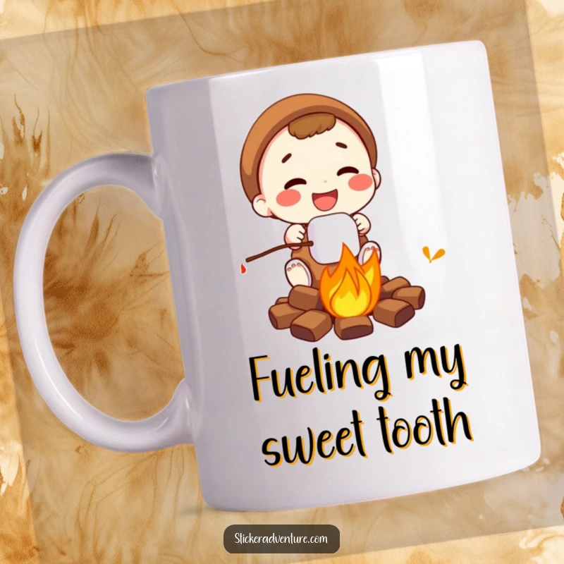 Funny campfire marshmallow mug, a joyful character roasting a golden marshmallow over a crackling fire pit.