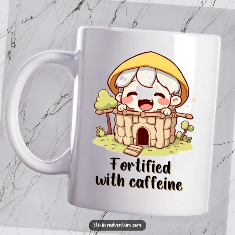 Funny builder character mug, excited character building a small fort from sticks with focused enthusiasm and a smile.