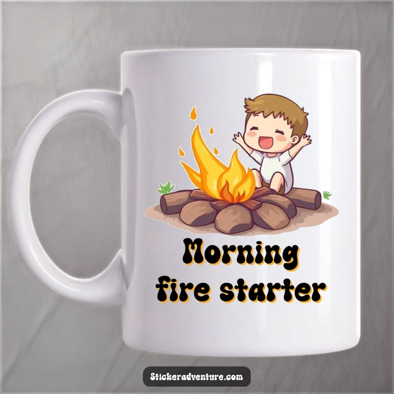 Funny mug showcasing an enthusiastic subject gleefully setting a small campfire ablaze with a determined, happy expression.