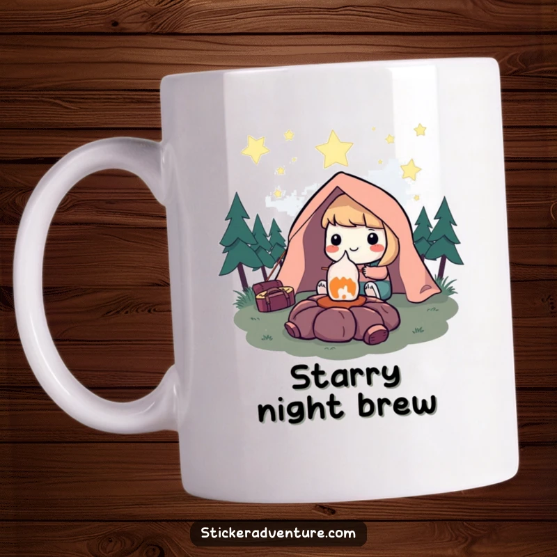 Funny Mug: Character smiling while roasting a marshmallow under a starry sky, embodying peaceful camping joy and humor.