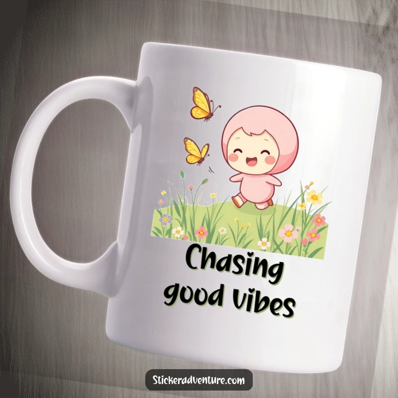 Funny character mug, smiling character joyfully chasing a fluttering butterfly through a sunny, flower-filled meadow.