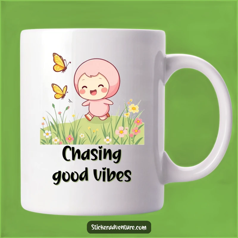 Funny Chasing Butterfly Mug: Joyful Meadow Pursuit Humor, Perfect Gift