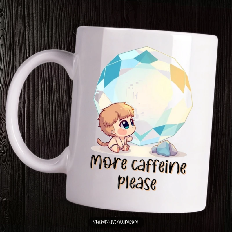 Funny mug showing a curious character gazing in awe at a giant, sparkling gemstone, capturing a moment of pure wonder.