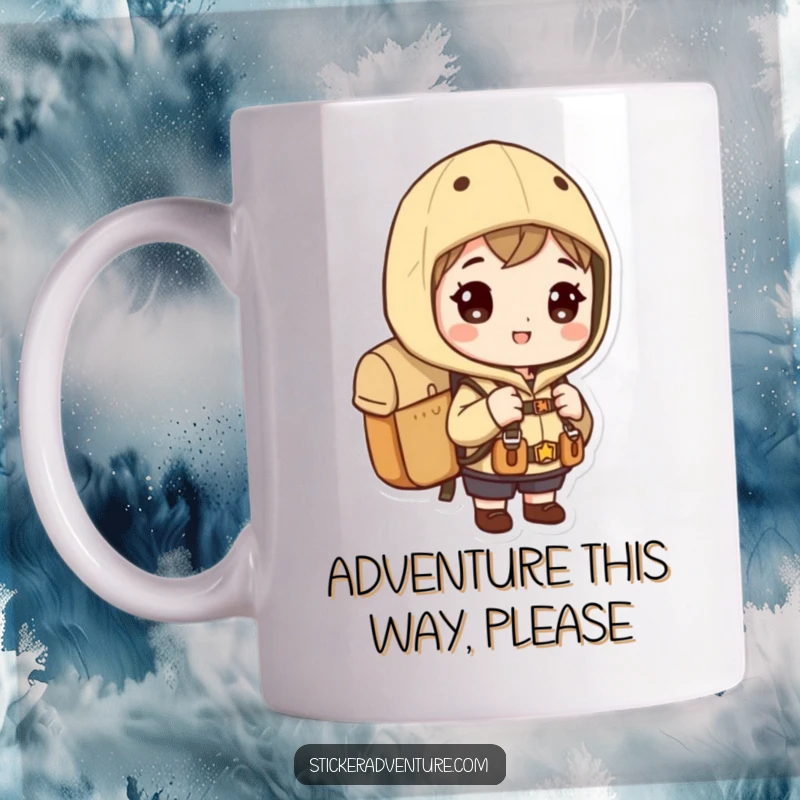 Funny exploration backpack mug, an eager character with a backpack ready for a thrilling outdoor adventure.