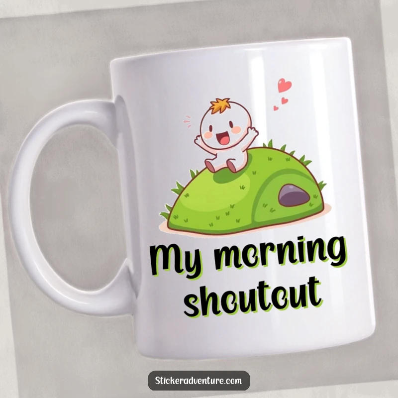 Funny character sliding down a grassy hill with a gleeful shout, depicted on a mug.