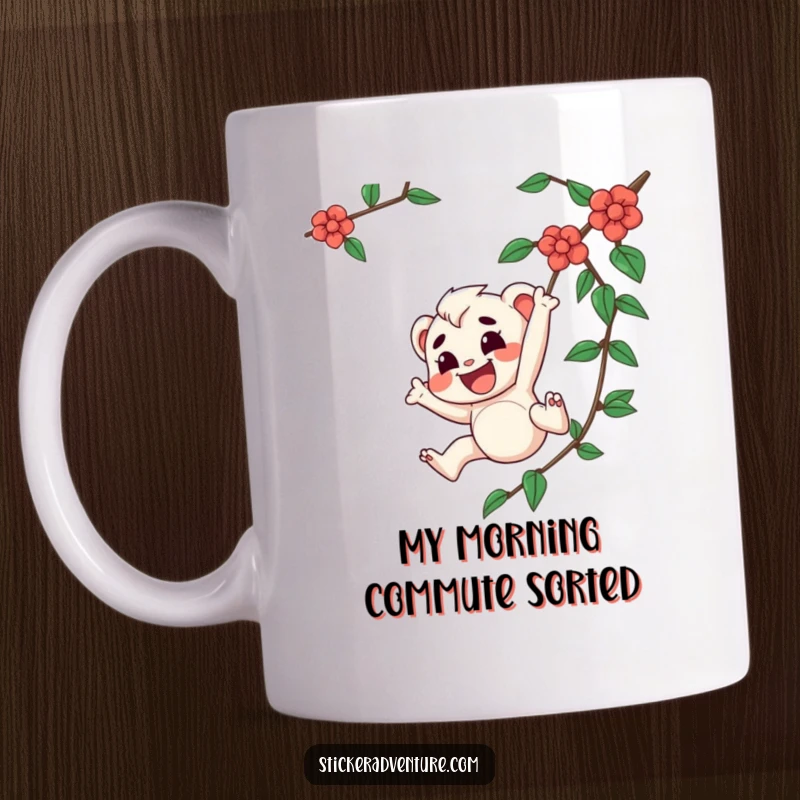 Funny mug showing a joyful character with a determined expression swinging energetically from a lush green vine, ready for action.