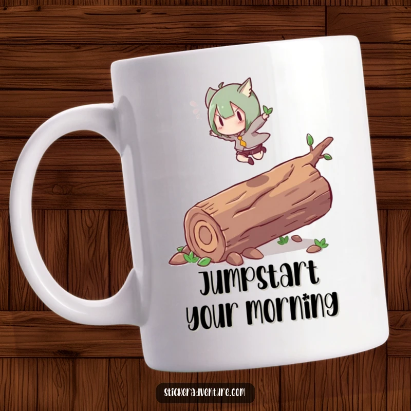 Funny mug showing a character leaping energetically over a fallen log with graceful agility. Motivational humor.