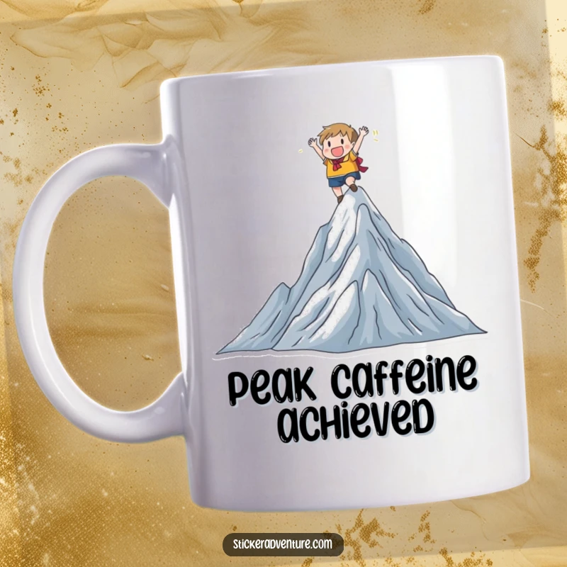 Funny character joyfully scaling a tall mountain peak, triumphant pose, reaching the summit, perfect funny gift.