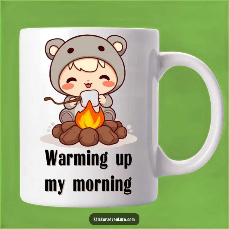 Funny Roasting Marshmallow Character Mug: Cozy Campfire Humor for Your Cup.
