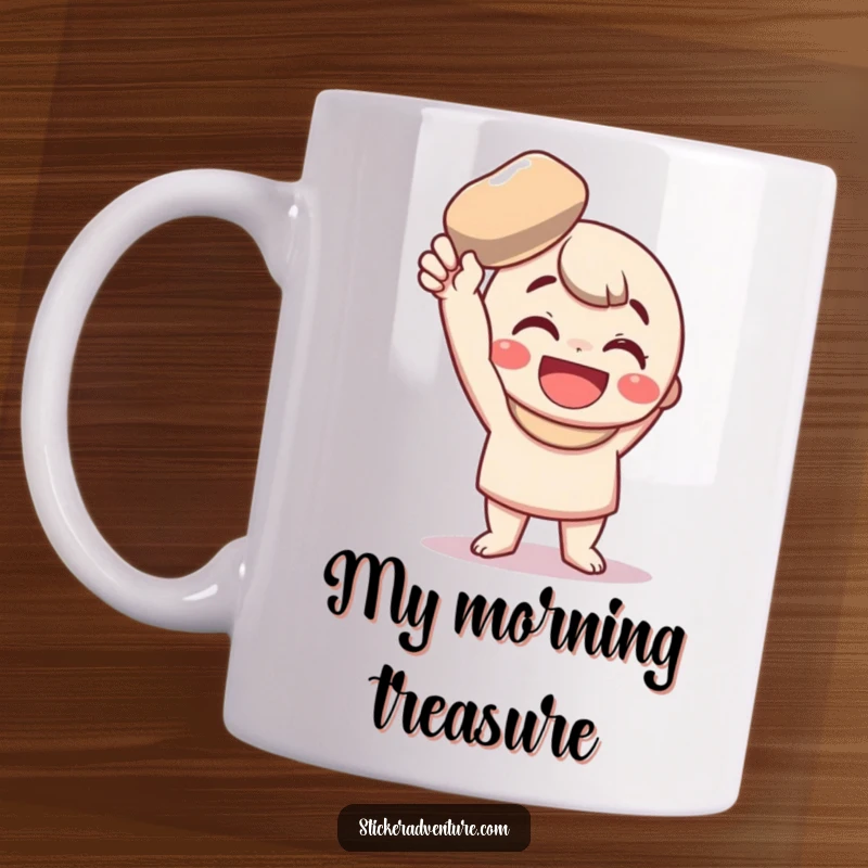 Funny Mug: A smiling character proudly displays a shiny pebble, embodying the pure delight of a treasured find.