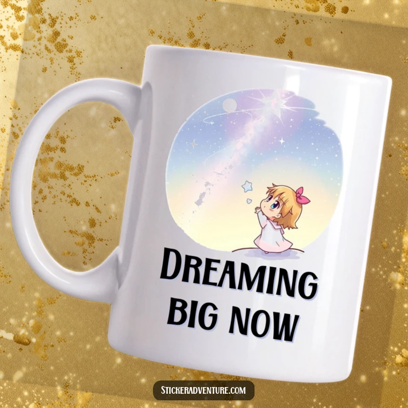 Funny mug showing a joyful character looking up in awe at a vast, dark sky filled with countless sparkling stars.