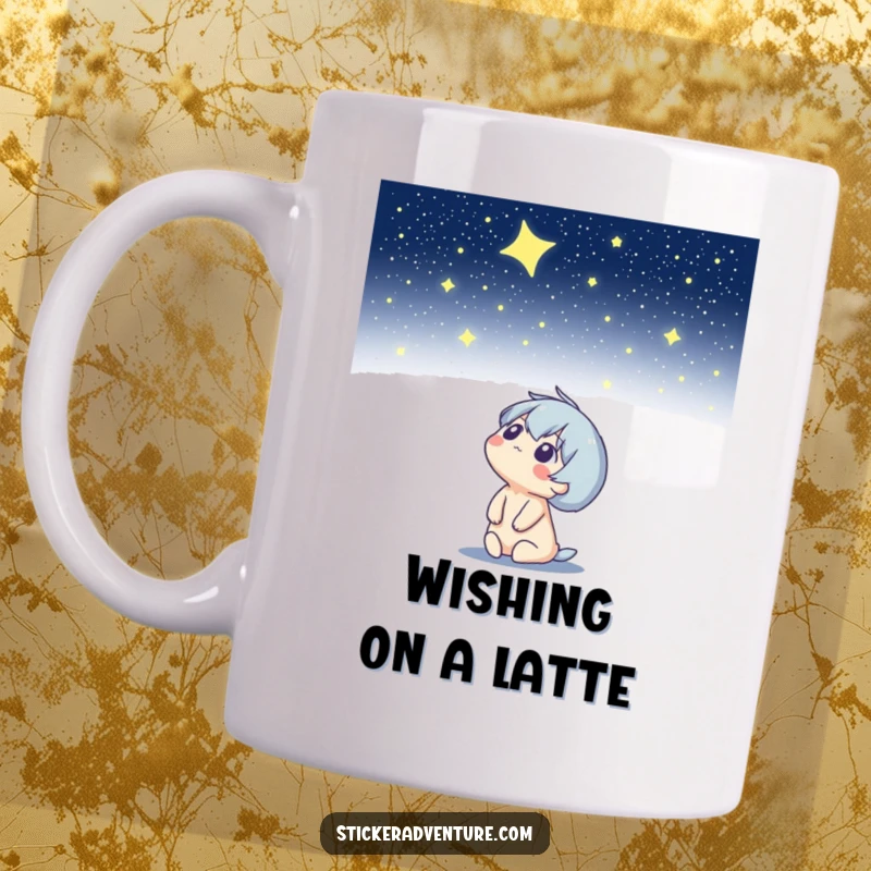 Funny mug with a character looking up at a vast, starry night sky with whimsical wonder and a humorous, contemplative expression.