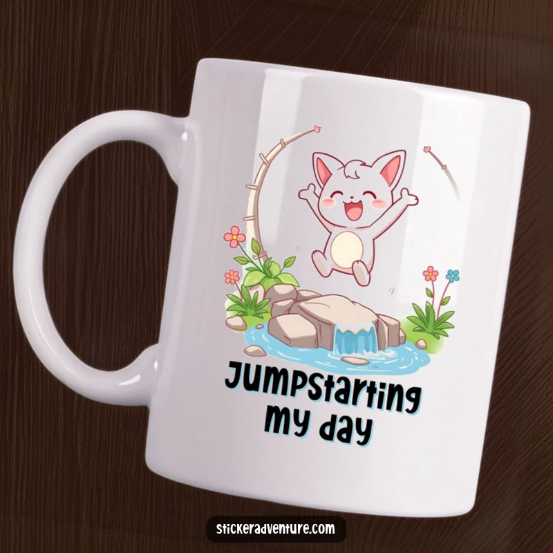 Funny mug showing a happy character taking a triumphant leap over a stream, conveying joy and accomplishment.