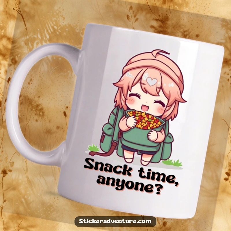 Funny mug with a character delightedly sharing trail mix from a backpack, offering a piece with a big smile, perfect for hikers.