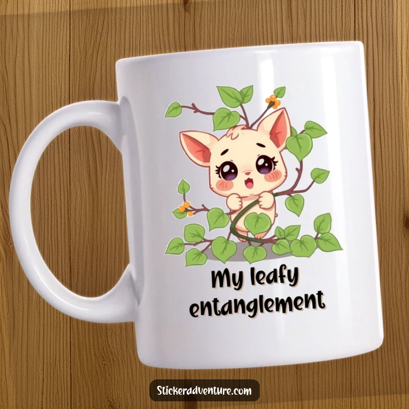 Funny mug featuring a small, surprised character comically tangled in a green vine, looking bewildered and flustered.
