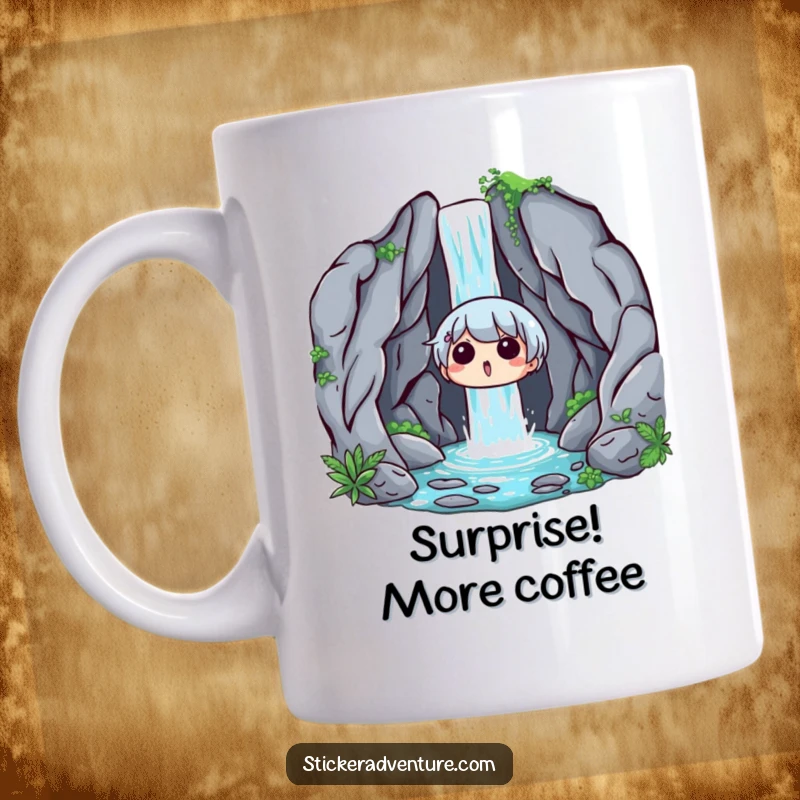 Funny Waterfall Surprise Mug: A character looking surprised and delighted by a hidden waterfall, perfect for coffee lovers.