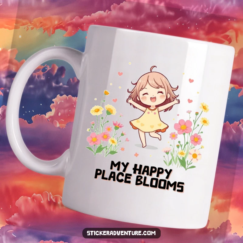 Funny Mug featuring a cheerful character dancing joyfully amidst a field of colorful, blooming wildflowers, radiating happiness.