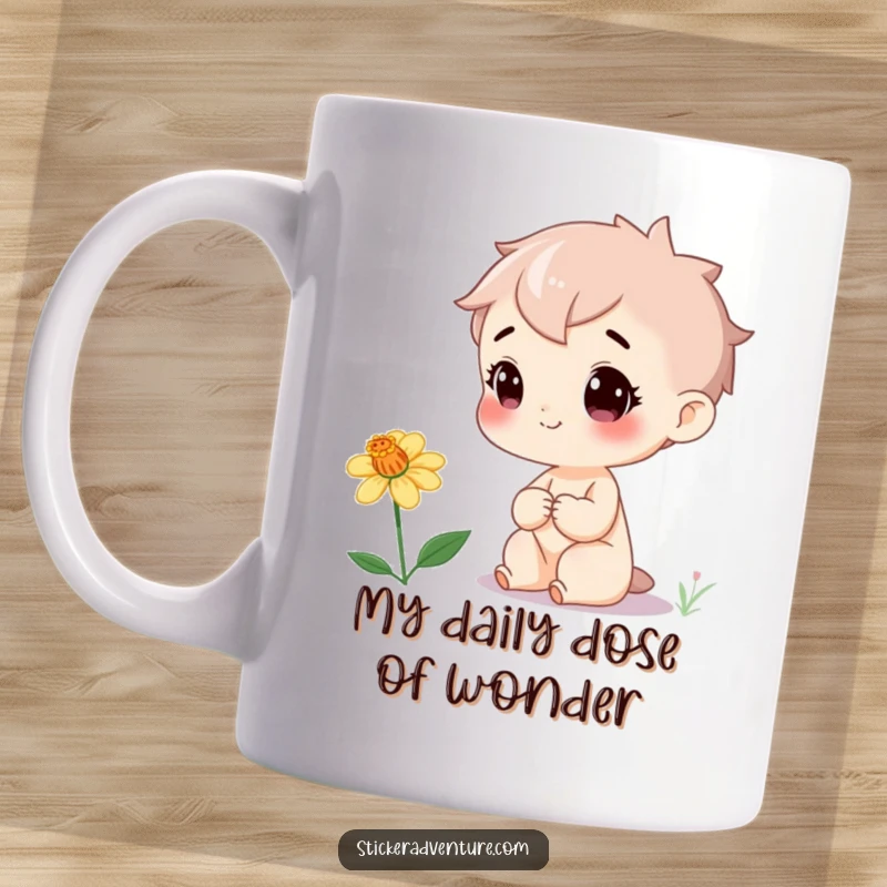 Funny Mug: Curious character with a cheerful face gently observing a vibrant, rare wildflower, symbolizing joy and nature's beauty.