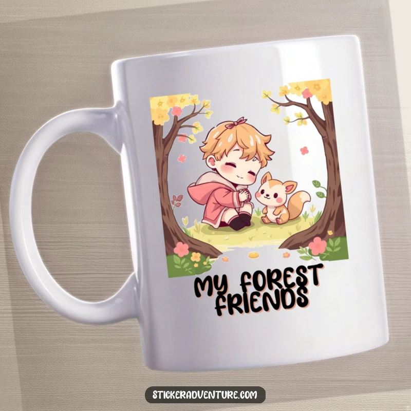 Funny mug showing a character playfully interacting with a curious woodland creature in a forest setting. Heartwarming humor.