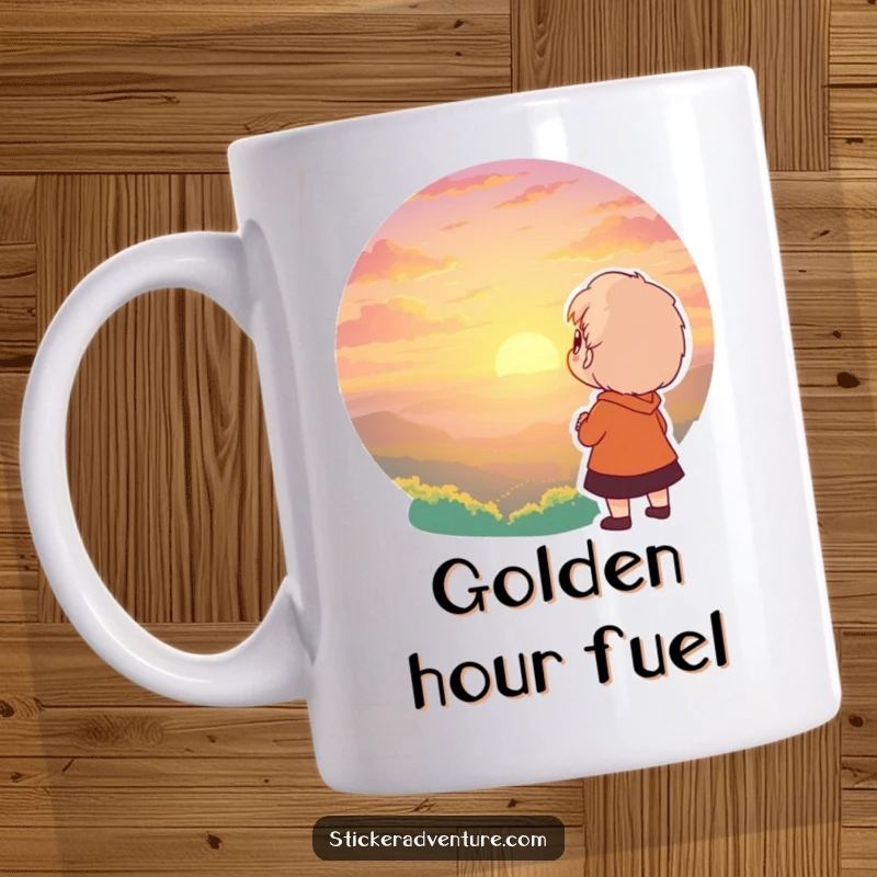 Funny mug showing a character gazing in awe at a breathtaking sunset, conveying wonder and peaceful reflection. Inspiring humor.