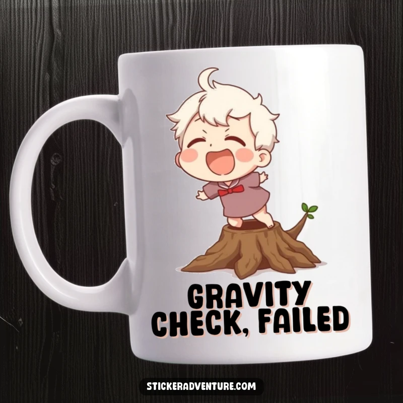 Funny Mug: A character laughing heartily while stumbling over a visible tree root on a forest path, showing good humor.