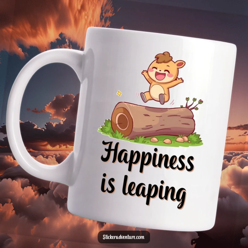 Funny character mug showing a cute character joyfully leaping over a log with a big grin, radiating happiness.