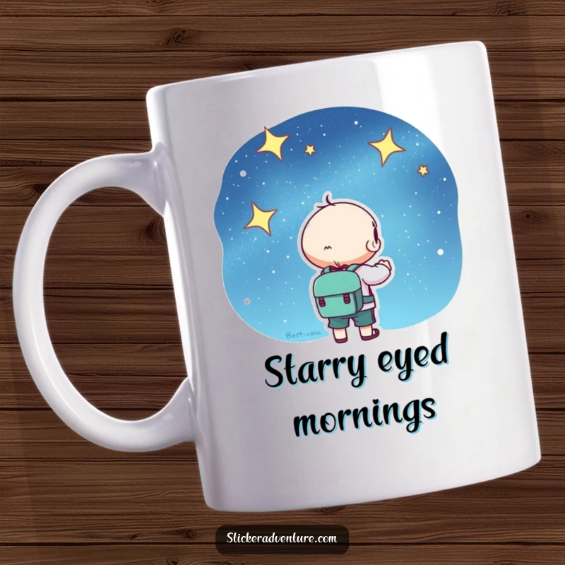 Kawaii mug featuring a cute character with a backpack, looking up in awe at a beautifully rendered starry night sky.