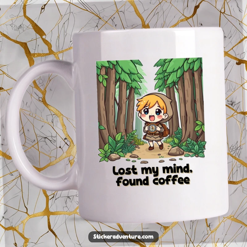 Funny character excitedly navigating a dense forest with a compass, curious look, exploring unknown paths, perfect funny gift.