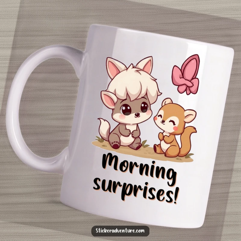Funny mug showing a playful character with wide, surprised eyes meeting a small, shy woodland creature, a moment of gentle shock.