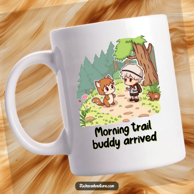 Funny woodland creature surprise mug, a hiker startled by a cute, friendly forest animal on a path.
